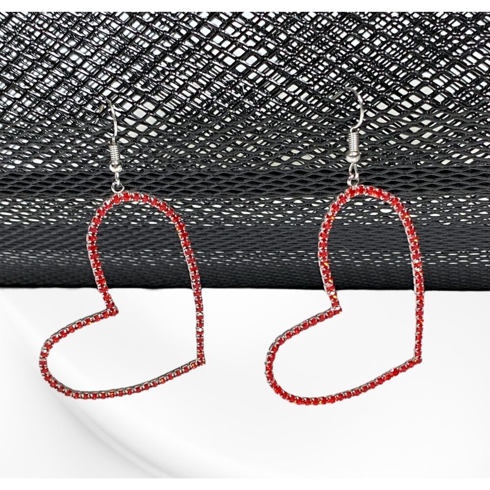 Red Rhinestone Heart Earrings Dangle Pierced Large Statement Bling Silver Tone